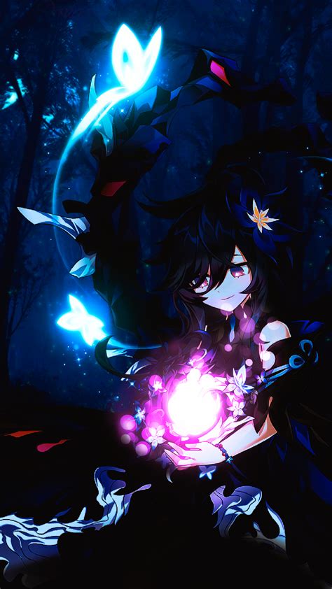 Wallpaper Laby Elsword Night Forest Butterfly Anime Girls Blue