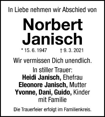 Traueranzeigen Von Norbert Janisch Trauer Nn De