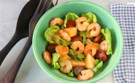 Ensalada de melón con gambas y rúcula con vinagreta de curry receta