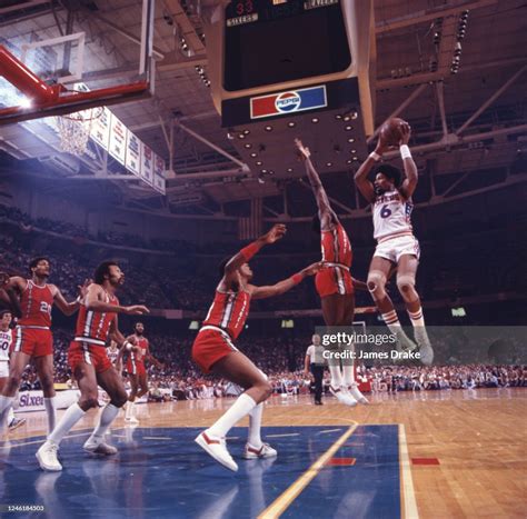 Philadelphia 76ers Julius Erving in action, shoots vs Portland Trail ...