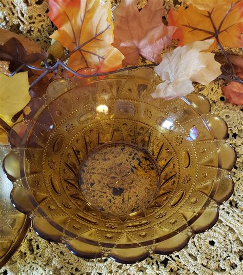 Amber Glass Lidded Bowl Vintage Kemple Wheatoncraft Glass Etsy