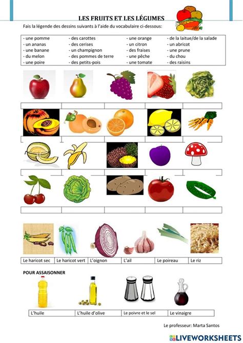 Aliments Fruits Et Légumes Worksheet French Worksheets Learn French