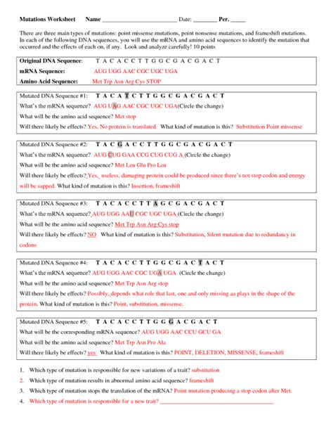 Genetic Mutation Worksheets