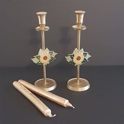 Pair Of Tall Brass Candlesticks Enameled Sunflower Etsy Canada