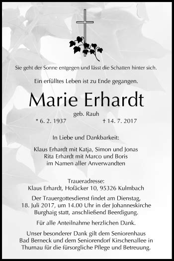 Marie Erhardt Traueranzeige Trauer InFranken De