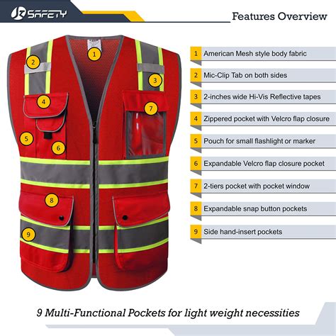 Snapklik Jksafety Pockets Hi Vis Neon Red Zipper Front Mesh