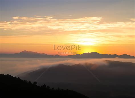 Beautiful Sunset And Sunrise On Sky And Golden Twilight Time With Mist ...