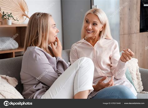 Happy Young Beautiful Woman Her Mother Sitting Sofa Living Room Stock