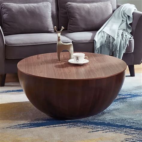 Round Drum Coffee Table With Storage Walnut Bowl Shaped Coffee Table