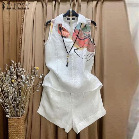 Zanzea Womens Pcs Cotton Linen Sets Sleeveless Lapel Shirts Front