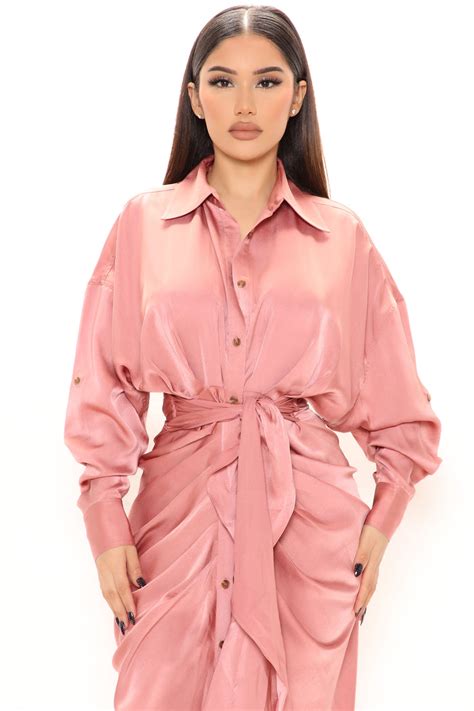 Stuck In The City Long Sleeve Satin Midi Dress Mauve Fashion Nova