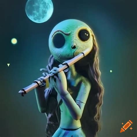 Hyper Realistic Claymation Girl Monster Playing Flute In The Moonlit