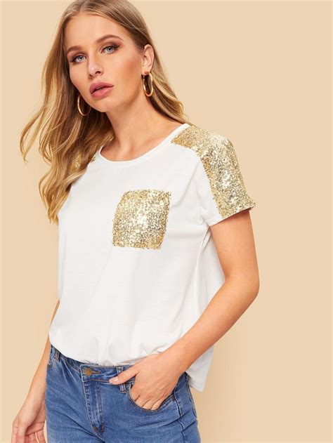 Camiseta Con Bolsillo Con Lentejuelas En Contraste SHEIN ES Sequin