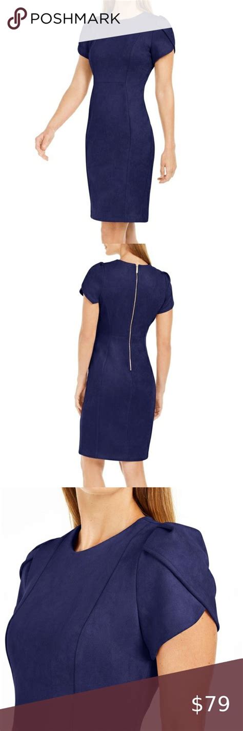 Calvin Klein Faux Suede Tulip Sheath Dress Navy 8 Fitted Sheath Dress