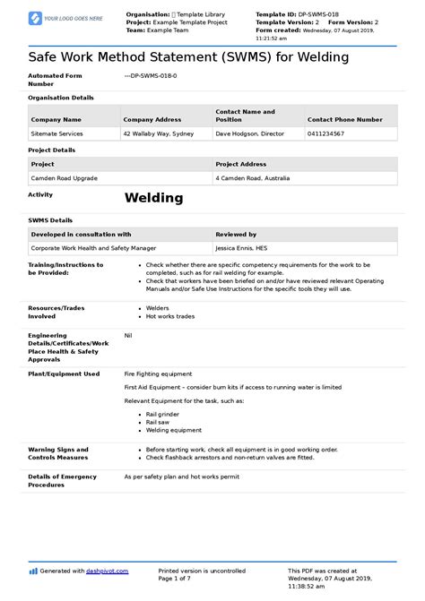 Welding Safe Work Method Statement Welding Swms