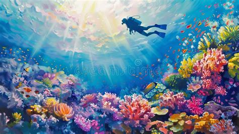 Vibrant Underwater Scene With A Scuba Diver Exploring A Colorful Coral