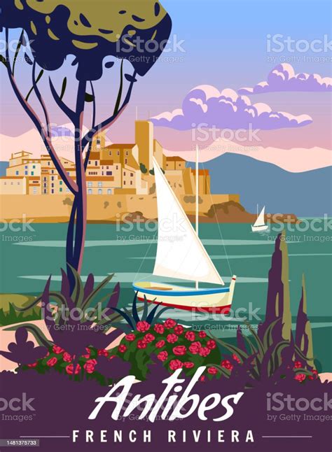 French Riviera Antibes Retro Poster Tropical Coast Scenic View Palm