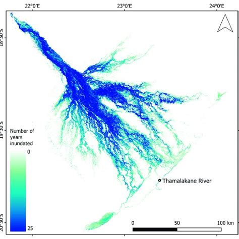 Summed annual inundation map for the time series (30-year span, 25 ...