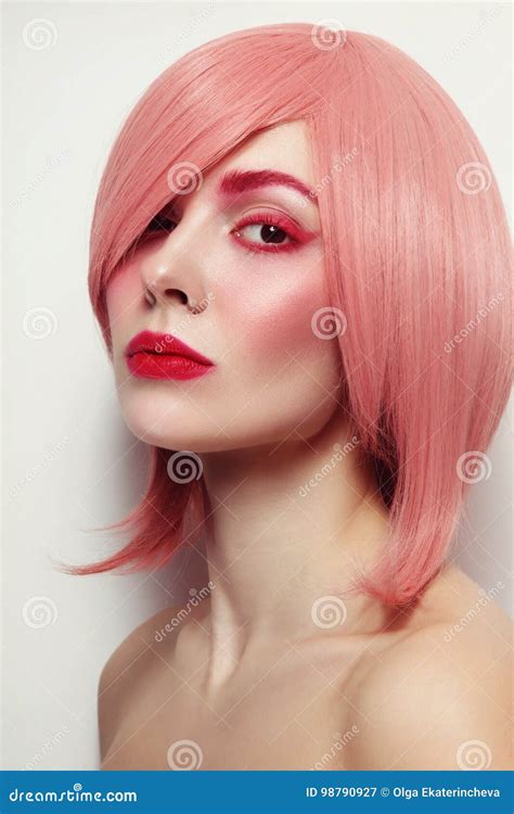 Young Beautiful Woman In Pink Wig Stock Image Image Of Lipstick