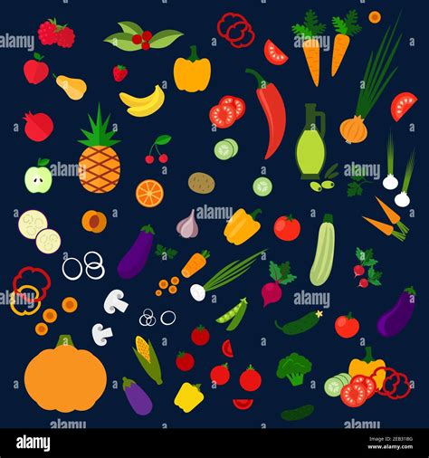 Fresh Flat Fruits And Vegetables With Icons Of Tomatoes Corn Carrots