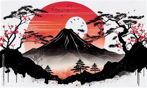 Japan Traditional Sumi E Painting Fuji Mountain Sakura Sunset