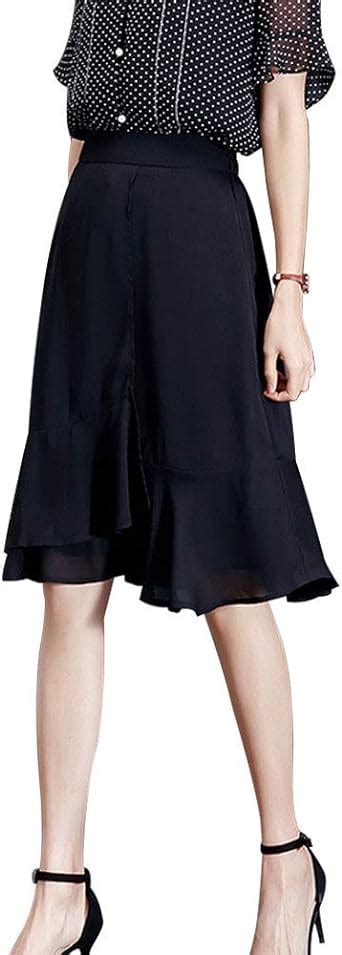 Kangqifen Summer Elastic Waist Ruffle Hem Midi Skirts Chiffon Elegant Casual Knee Length Skirt