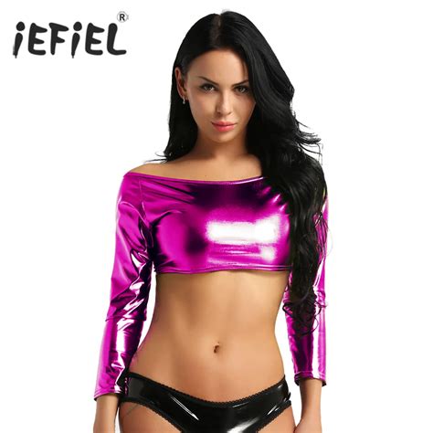 Iefiel Womens Streetwear T Shirts Sexy Clubwear Party Tops Shiny Strapless Off The Shoulder Crop