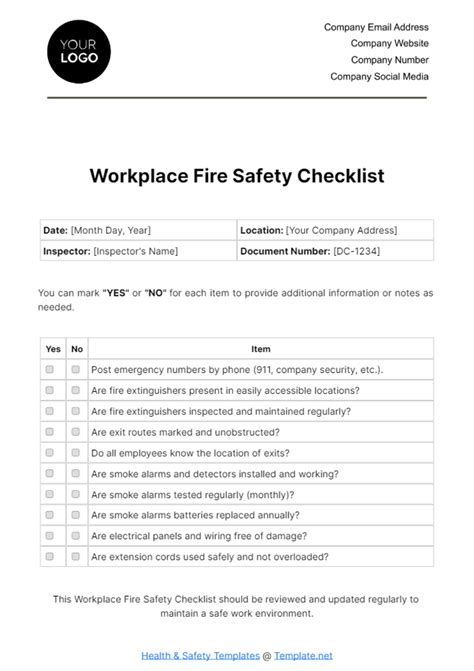 Free Workplace Fire Safety Checklist Template - Edit Online & Download | Template.net