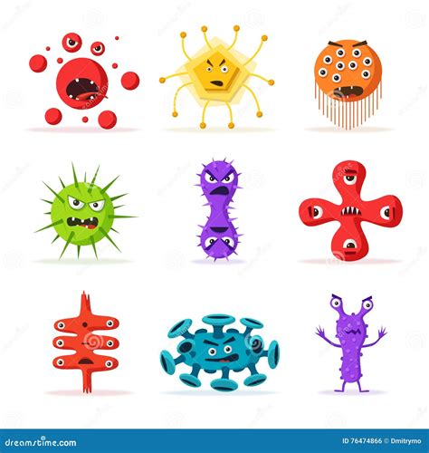 Set Of Bacteria Characters Cartoon Vector Illustration Microbiology