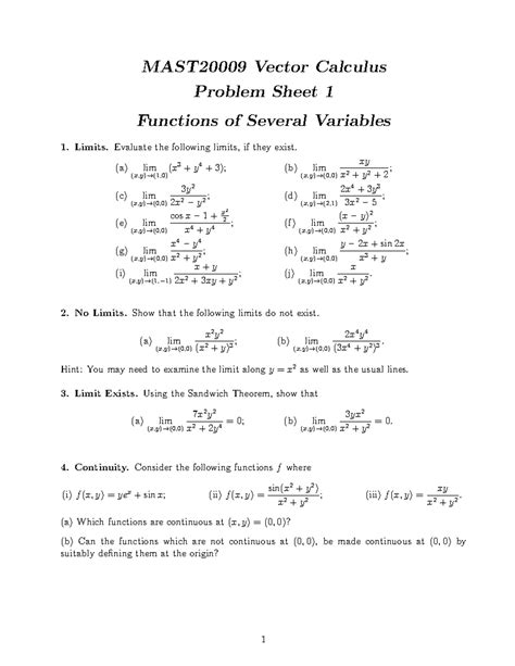 Problem Sheets Mast Vector Calculus Problem Sheet Functions