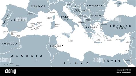 The Mediterranean Sea, countries and borders, gray political map Stock ...