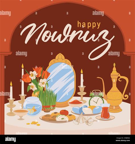 Happy Nowruz Day Or Iranian New Year Illustration With Attributes Of A