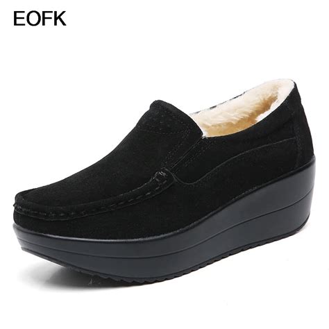 EOFK Sapatos De Couro Genu No Para Mulheres Mocassins De L Espessa