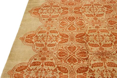 Transitional Handmade Tan Indian Wool Rug With Allover Pattern For Sale