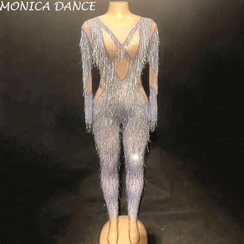 Women Sexy Stage Jumpsuit Silver Tassel Bling Sparkling Crystals Bodysuit Nightclub Party Stage