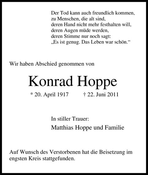 Traueranzeigen Von Konrad Hoppe Trauer In Nrw De