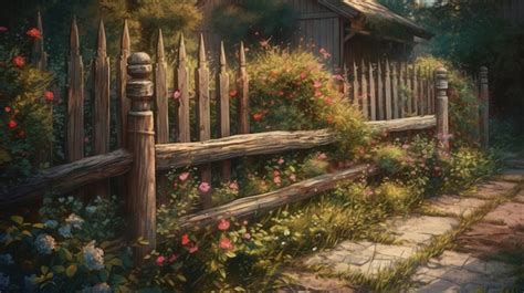 Premium AI Image | A painting of a fence with a fence and flowers.