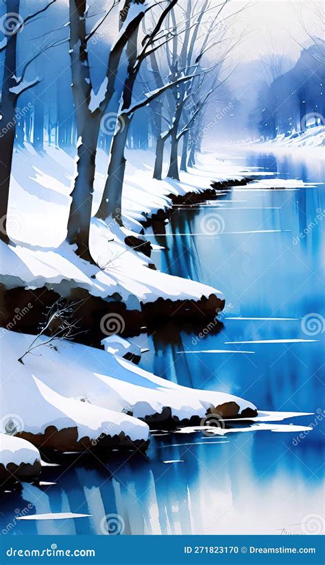 Water Color Winter Landscape With Forest Digital Art Painting Stock