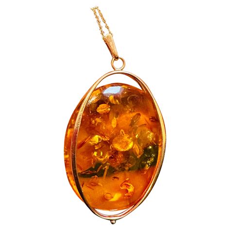 Large Natural Russian Amber Necklace Or Pendant In 14 Karat Yellow Gold