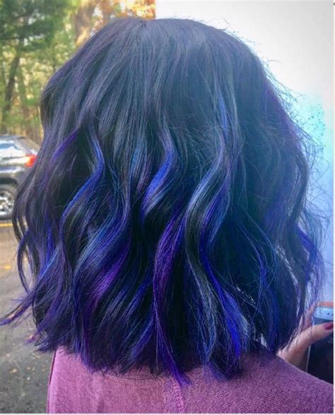 Blue & purple highlights on dark hair | Dark hair with highlights, Hair ...