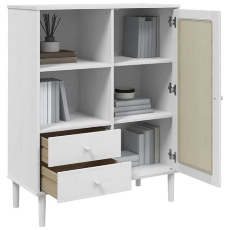 Buffet SENJA Aspect Rotin Blanc ZERODIS 90x40x112cm Bois Massif