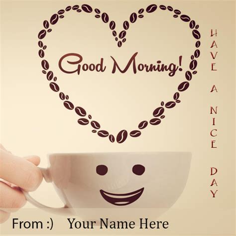 good morning wishes greeting card with smiley face and coffee cup