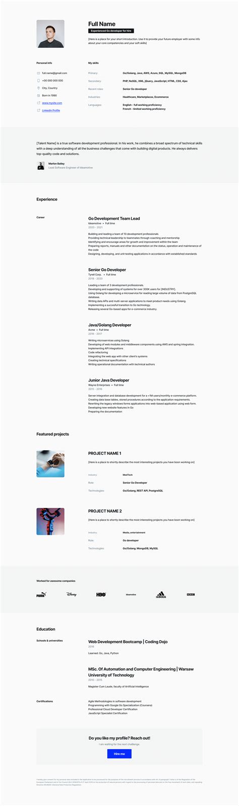 Free Go Golang Developer Resume Template