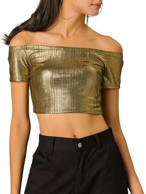 Women's Off Shoulder Party Club Shiny Metallic Crop Top - Walmart.com