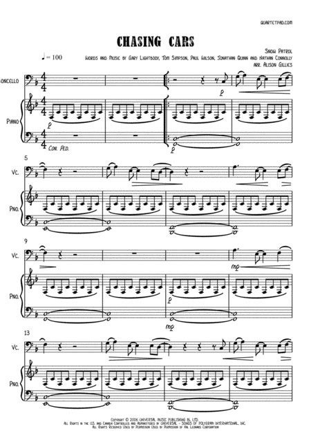 Chasing Cars Arr Alison Gillies By Snow Patrol Sheet Music For Cello