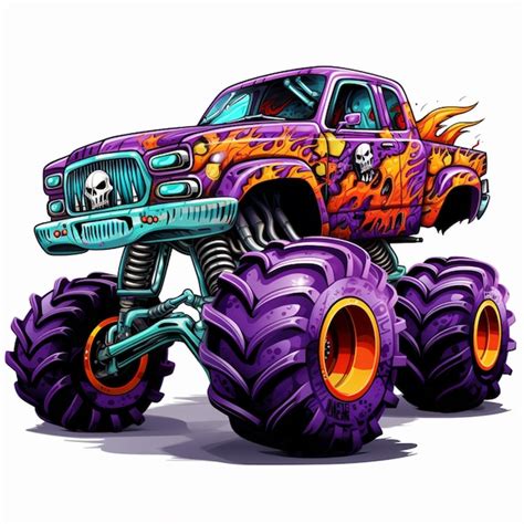 Monster Truck De Desenho Animado Caveira E Chamas Em Seus Pneus