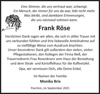 Traueranzeigen Von Frank R Se Trauer Nordkurier