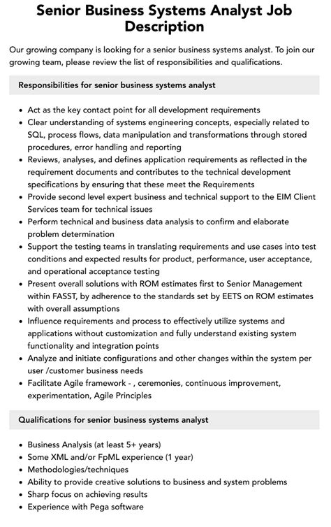 Senior Business Systems Analyst Job Description Velvet Jobs