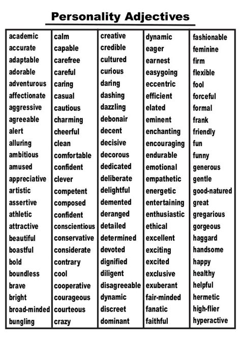 Lesson 4 list of personality adjectives