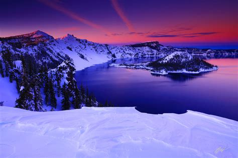 W Winter Sunset Over Crater Lake And Wizard Island Oregon Randall